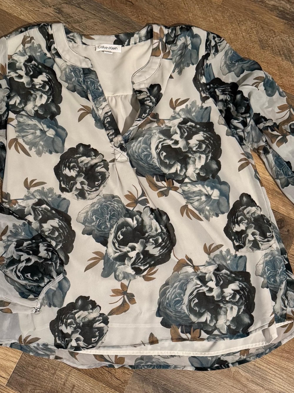 Calvin Klein Cream Blouse with Blue & Black Floral Print